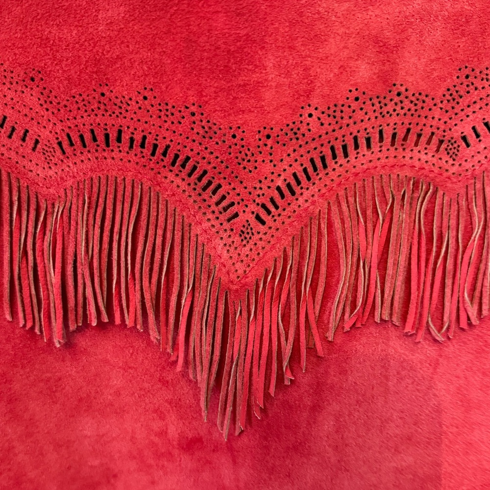 Chico’s western Vermillion Suede Fringed Jacket coral pink sz 3 - Picture 4 of 16